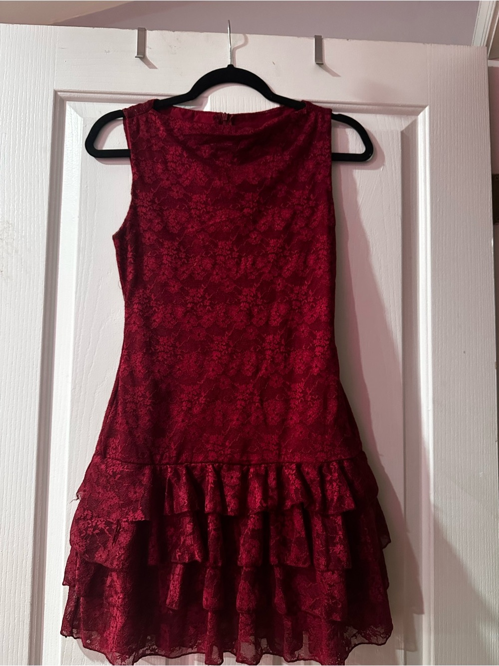 burgundy lace mini dress with ruffles